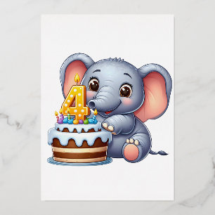 Invitación Con Relieve Metalizado Cumpleaños 4 de elefante lindo