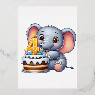 Invitación Con Relieve Metalizado Cumpleaños 4 de elefante lindo