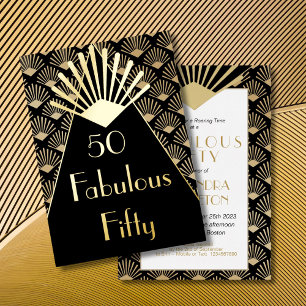 Invitación Con Relieve Metalizado Cumpleaños 50 Art Deco Elegante Negro Oro