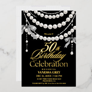Invitación Con Relieve Metalizado Cumpleaños 50 Elegante Perlas Negras Doradas