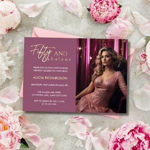 Invitación Con Relieve Metalizado Cumpleaños 50 Fabuloso Foto Rosa Oro Sorpresa