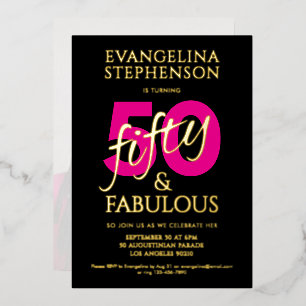 Invitación Con Relieve Metalizado Cumpleaños 50 Fabuloso Oro Negro Rosa Foto