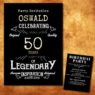 Invitación Con Relieve Metalizado Cumpleaños 50 Legendario Dorado Negro Retro