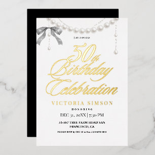 Invitación Con Relieve Metalizado Cumpleaños 50 Moderno en Blanco y Negro