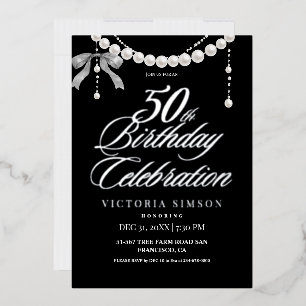 Invitación Con Relieve Metalizado  Cumpleaños 50 negro & blanco 