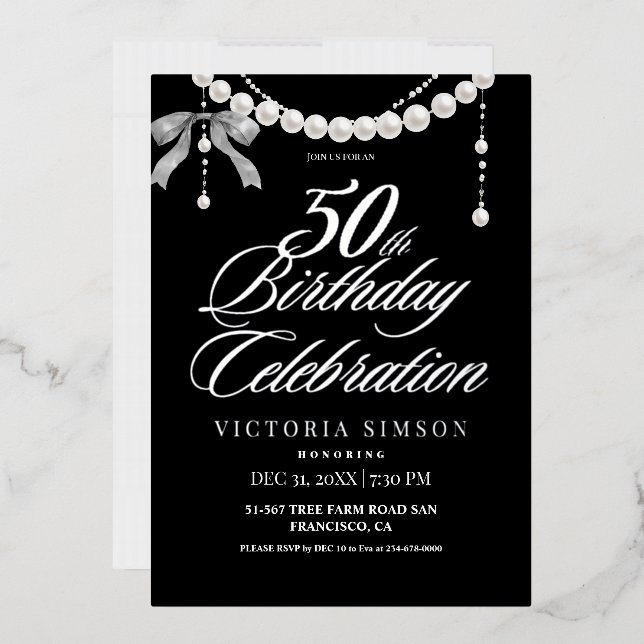 Invitación Con Relieve Metalizado  Cumpleaños 50 negro & blanco  (Sobre)