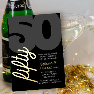 Invitación Con Relieve Metalizado Cumpleaños 50 Oversized Fifty Script Negro Oro