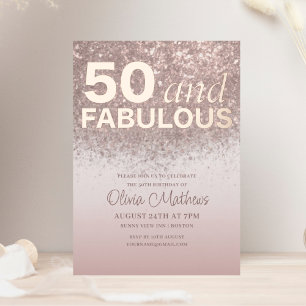 Invitación Con Relieve Metalizado Cumpleaños 50 y Fabuloso Caligrafía Rosa Dorado