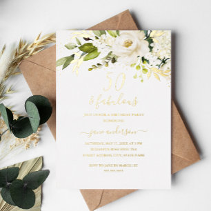 Invitación Con Relieve Metalizado Cumpleaños 50 y fabuloso Champagne Floral Dorado