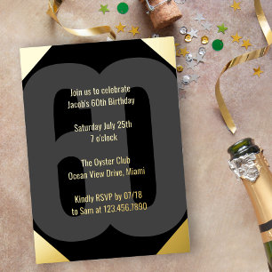 Invitación Con Relieve Metalizado Cumpleaños 60 Aniversario Lujo Negro y Dorado