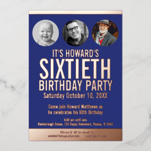 Invitación Con Relieve Metalizado Cumpleaños 60 azul círculos de fotos de papel de a