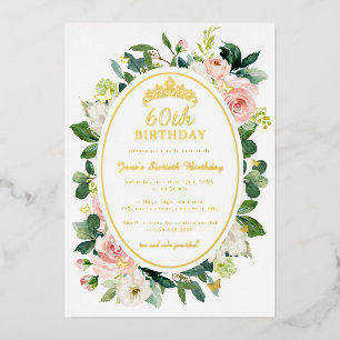 Invitación Con Relieve Metalizado Cumpleaños 60 dorado mariposa floral rosa