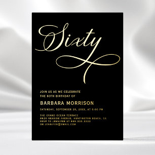 Invitación Con Relieve Metalizado Cumpleaños 60 Elegant Script Sesenta Negro Oro