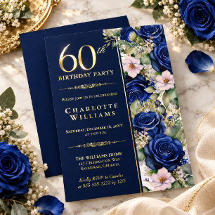 Invitación Con Relieve Metalizado Cumpleaños 60 Elegante Floral de Rosa Azul Marino