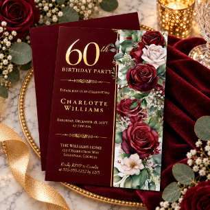 Invitación Con Relieve Metalizado Cumpleaños 60 Elegante Rosa Floral Vino Borgoña