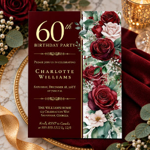 Invitación Con Relieve Metalizado Cumpleaños 60 Elegante Rosa Floral Vino Borgoña