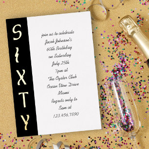 Invitación Con Relieve Metalizado Cumpleaños 60 escrito a mano negro blanco y dorado