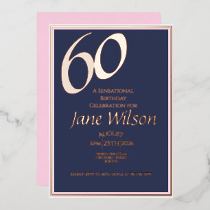 Invitación Con Relieve Metalizado Cumpleaños 60 Moderno Elegante Foil Rosa Marino