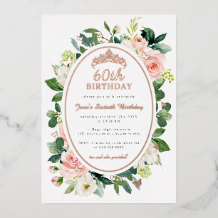 Invitación Con Relieve Metalizado Cumpleaños 60 Rosa Oro Rosado Mariposa Floral