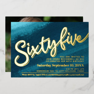 Invitación Con Relieve Metalizado Cumpleaños 65 sesenta y cinco foto en aqua, azul t