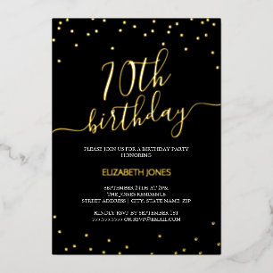 Invitación Con Relieve Metalizado Cumpleaños 70 Confeti Caligrafía Negro Oro