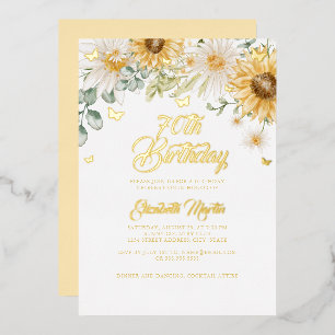 Invitación Con Relieve Metalizado Cumpleaños 70 de Mariposa Dorada de Girasol