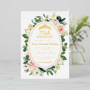 Invitación Con Relieve Metalizado Cumpleaños 70 dorado mariposa floral rosa