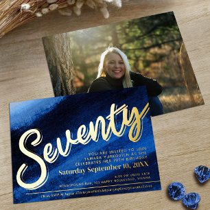 Invitación Con Relieve Metalizado Cumpleaños 70 setenta dorado zafiro azul