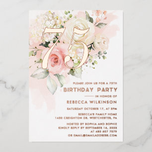 Invitación Con Relieve Metalizado Cumpleaños 75 con Acuarela Floral