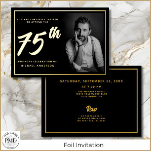 Invitación Con Relieve Metalizado Cumpleaños 75 Elegante Foto Negro Oro