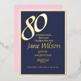 Invitación Con Relieve Metalizado Cumpleaños 80 Moderno Elegante Rosa Azul
