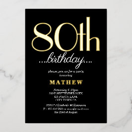 Invitación Con Relieve Metalizado Cumpleaños 80 ochenta años negro oro