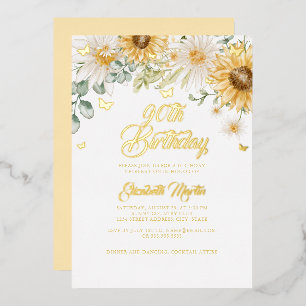 Invitación Con Relieve Metalizado Cumpleaños 90 de Mariposa Dorada de Girasol