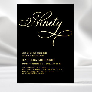 Invitación Con Relieve Metalizado Cumpleaños 90 Elegant Script Ninety Negro Oro