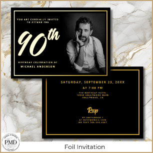 Invitación Con Relieve Metalizado Cumpleaños 90 Elegante Foto Negro Dorado