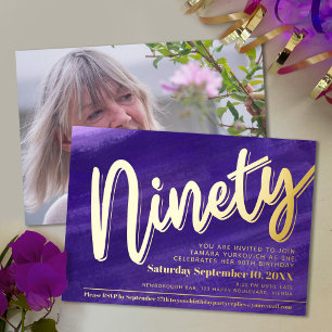Invitación Con Relieve Metalizado Cumpleaños 90 noventavo fiesta arte púrpura azul o