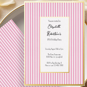 Invitación Con Relieve Metalizado Cumpleaños 97 Minimalista Rayas Rosadas Dorado