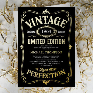Invitación Con Relieve Metalizado Cumpleaños adulto de cualquier edad negro dorado v