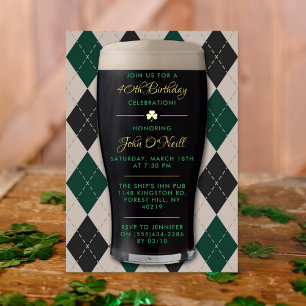 Invitación Con Relieve Metalizado Cumpleaños adulto de pinta Guinness de Cheers & Be