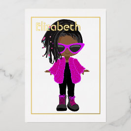 Invitación Con Relieve Metalizado Cumpleaños Afroamericano Neon Rosa y Dorado