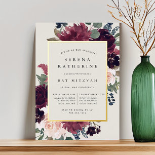 Invitación Con Relieve Metalizado Cumpleaños Bat Mitzvah de Flor de Ciruelo