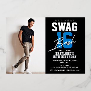 Invitación Con Relieve Metalizado Cumpleaños Blue Swag 16