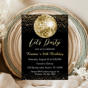 Invitación Con Relieve Metalizado Cumpleaños Bola de Discoteca de Oro Let's Party