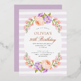 Invitación Con Relieve Metalizado Cumpleaños Brunch Party con Raya Lila y Flor
