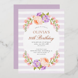 Invitación Con Relieve Metalizado Cumpleaños Brunch Party con Raya Lila y Flor