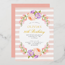 Invitación Con Relieve Metalizado Cumpleaños Brunch Party con Raya Rosada y Flor