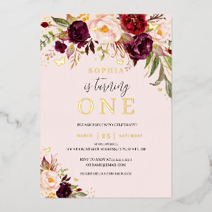 Invitación Con Relieve Metalizado Cumpleaños Burgundy Rosa Acuarela Floral Niña 1