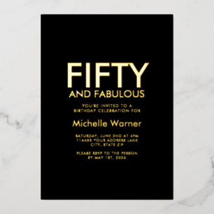 Invitación Con Relieve Metalizado Cumpleaños cincuenta negro minimalista y fabuloso