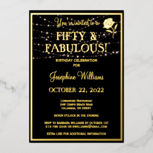 Invitación Con Relieve Metalizado Cumpleaños cincuenta y fabuloso negro ORO REAL