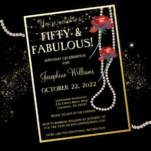 Invitación Con Relieve Metalizado Cumpleaños cincuenta y fabuloso negro ORO REAL